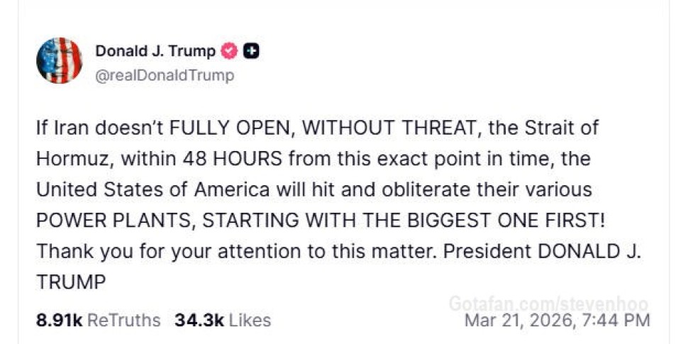 现在是加东时间2026年3月22日周日上午。

也许明天开盘时市场会认为这是伊朗战争事态升级的开始，我认为这是战争结束倒计时的开始。原因如下，Bessent代我说了。

“市场消息：美国财长贝森特被问及特朗普威胁要轰炸伊朗发电厂一事时表示，“这是伊朗人唯一能听懂的语言”。”  ----- BINGO!!!